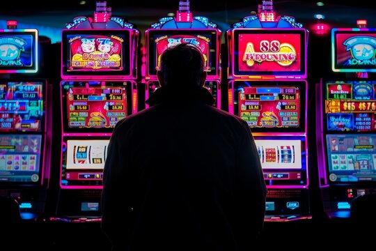 Silhouette Of A Man Gambling At Bright And Colorful Slot Machines In A Casino Atmosphere.