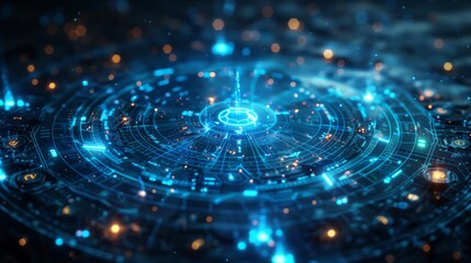 Futuristic AI Chip with Blue Magic Incantation Circle and Spell Symbols