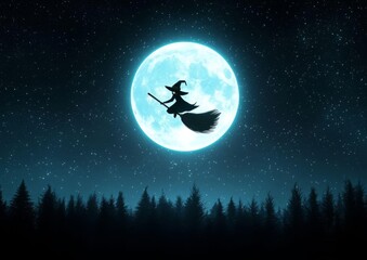 Witch Flying on Broomstick Over Spooky Forest with Full Moon  3D Cartoon Fantasy Adventure