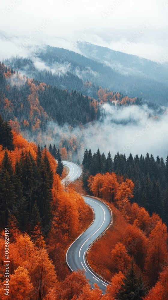 Poster a winding road with trees in the background