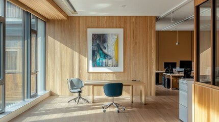 Framed artwork on a wooden wall in a modern office, expansive windows filling the space with light, minimalist desk setups creating an open, airy environment.