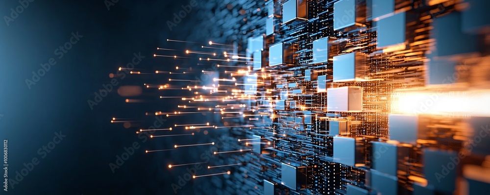 Poster abstract digital technology concept with a futuristic design of interconnected data cubes and glowin