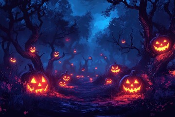 Spooky Halloween scene with glowing pumpkins in a dark, eerie forest.