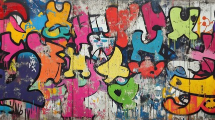 A colorful graffiti mural featuring abstract shapes and vibrant hues covers an urban wall...