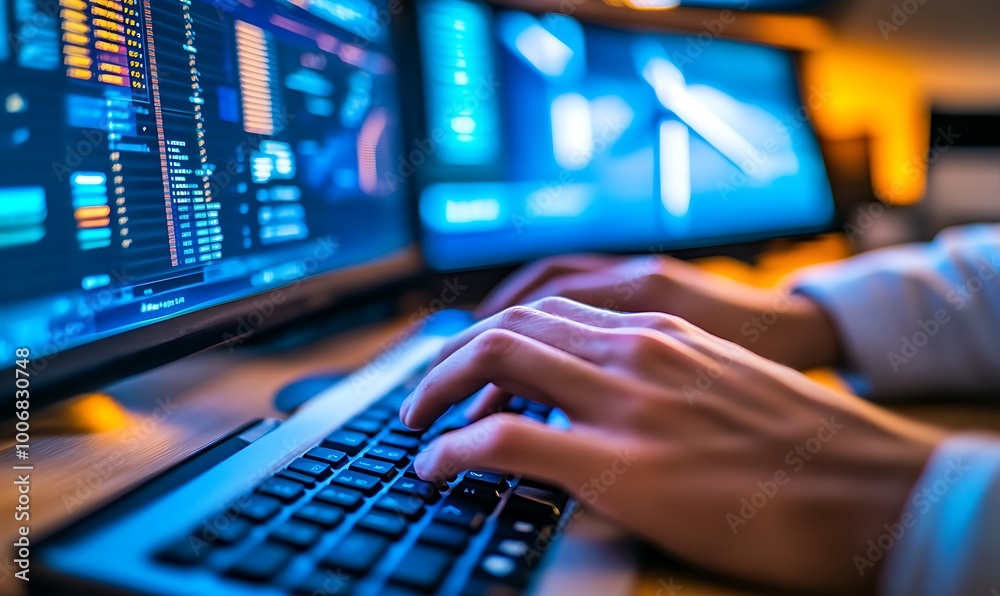 Poster Engineer Typing While Analyzing Wind Turbine Simulations