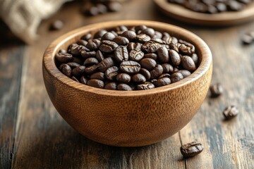 coffee beans in wooden bowl on textured table, depicting natural and earthy coffee concept aromatic and inviting