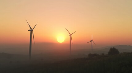 Obraz premium A wind farm with three wind turbines and a sun setting in the background