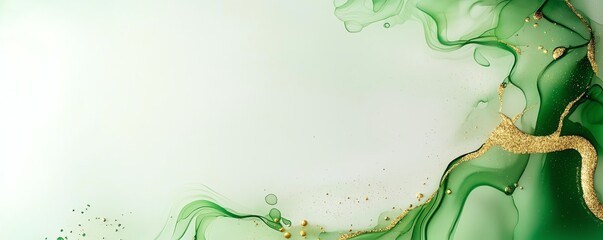 Abstract green and gold ink art with fluid shapes on a light background, creating a vibrant and elegant design. Perfect for modern decor.