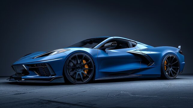 An blue C8 Corvette with black, concave, wide, linear, strong, dynamic design custom forged wheels