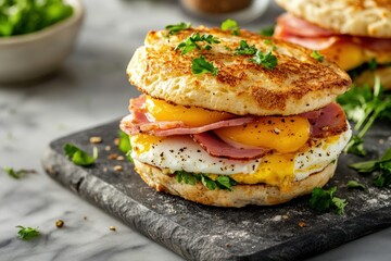 food presentation, delightful english muffin breakfast sandwich with egg, ham, and cheese on a marble board makes for a lovely morning treat