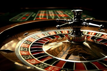 Obraz premium Vibrant casino atmosphere featuring poker chips, roulette players, and colorful slot machines