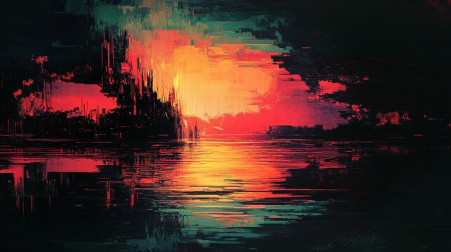 This image depicts a stunning abstract sunset over water, showcasing vibrant colors, reflections, and dynamic lighting.