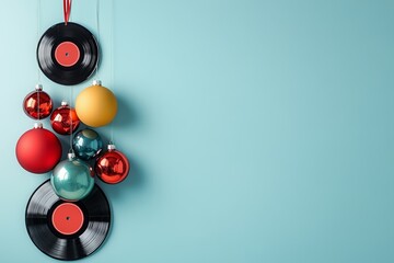 Floating Christmas tree ornaments with vintage vinyl records. Nostalgic charm with soft pastel blue background and copy space.