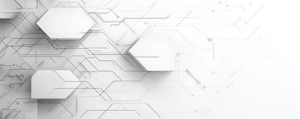 Abstract technological background with white hexagonal shapes and circuit lines, representing modern technology and innovation.