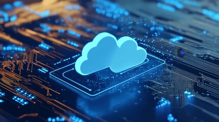 A blue glowing digital cloud icon sits on a circuit board background, symbolizing cutting-edge cloud technology.