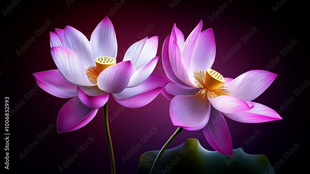 Wall mural serene lotus blossoms: two exquisite pink lotus flowers in full bloom, elegantly presented against a