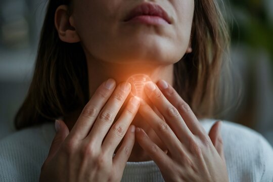 Woman holding her throat due to thyroid pain or discomfort