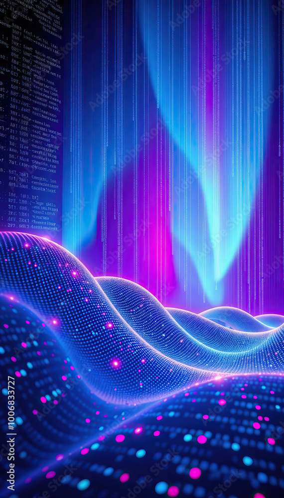 Poster digital landscape with glowing neon lines dots on wave grid with code matrix background in pink blue hues technology futuristic themes vertical format