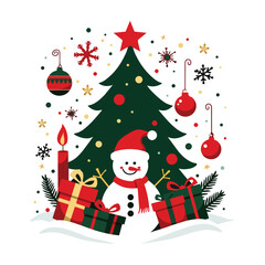 Christmas Tree with Gifts and Merry Christmas Greeting Card - Festive New Year Illustration