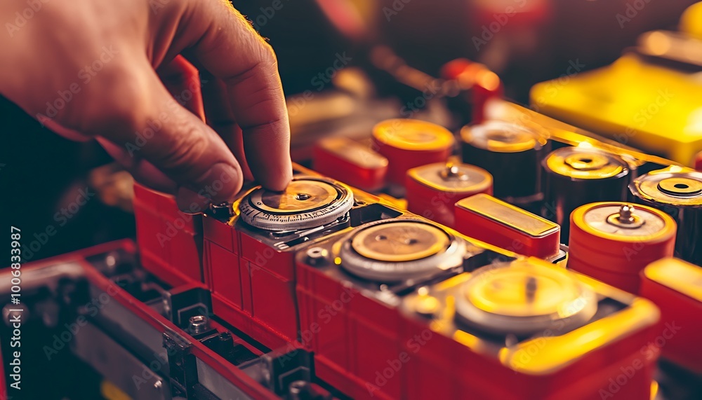 Poster engineer adjusting connectors on energy storage battery in lab