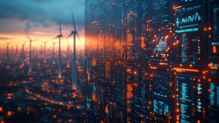 Amidst a sunset cityscape, digital screens display detailed data, overlooking rows of wind turbines, bridging tech and nature.