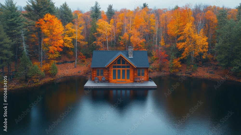 Poster a small cabin sits on a dock in front of a lake