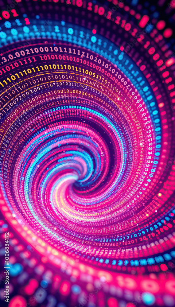 Poster vibrant digital binary code vortex tunnel with swirling pattern of red blue numbers data technology cybersecurity background vertical format