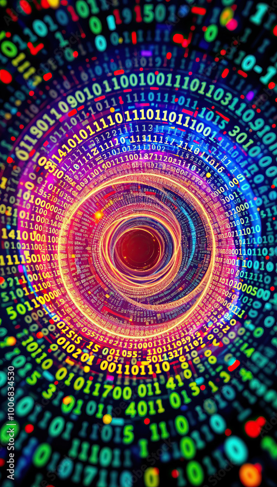 Aufkleber vibrant digital binary tunnel with glowing numbers in red blue colors for technology cybersecurity concepts vertical format