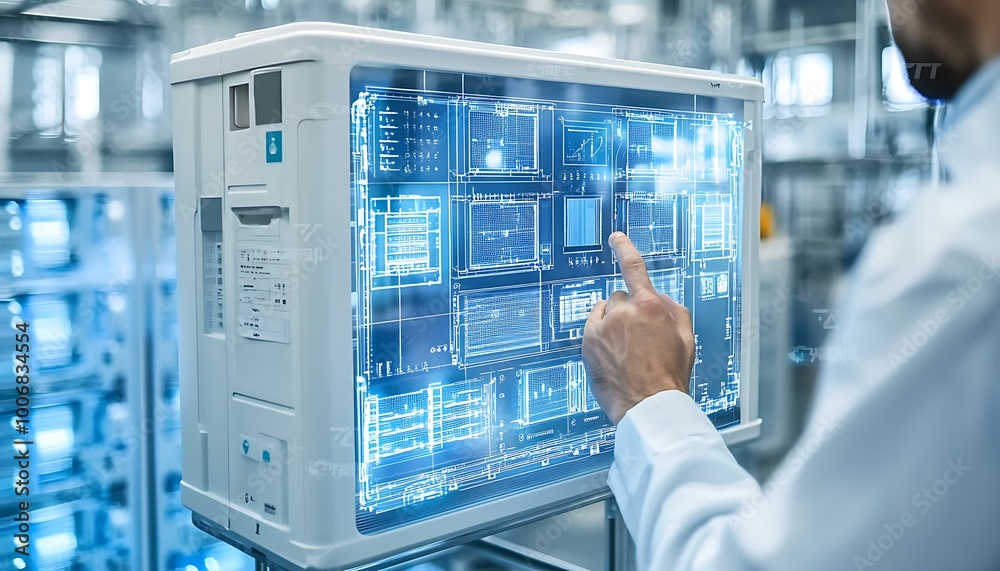 Poster engineer adjusting connectors on energy storage battery in lab