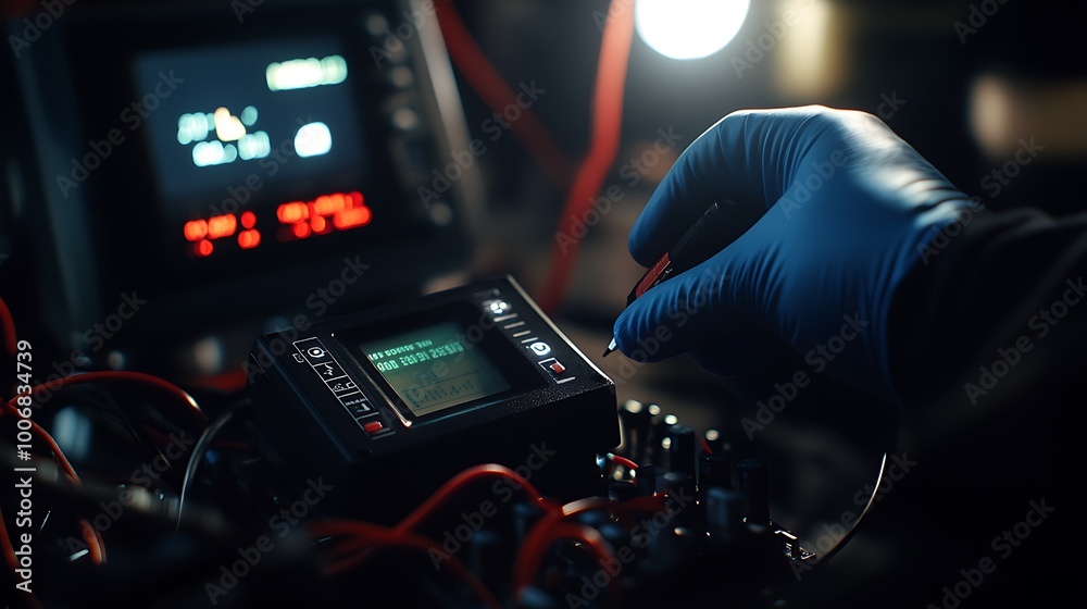Aufkleber engineer testing energy storage battery efficiency with multimeter