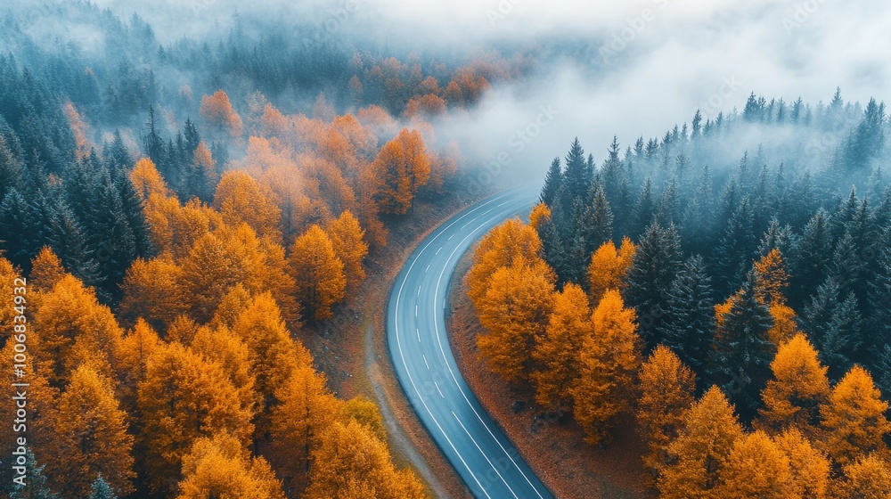 Poster a road with trees on both sides and a foggy sky
