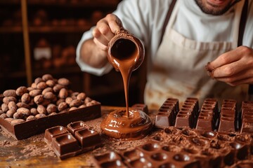 A chocolatier pouring melted chocolate into molds, surrounded by cacao beans and chocolate blocks, capturing the art of chocolate-making in a warm, rustic setting