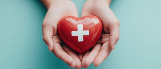 Hands holding a red heart with a white medical cross symbol on blue background. Symbol of Healthcare and Compassion