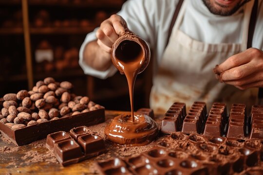 A chocolatier pouring melted chocolate into molds, surrounded by cacao beans and chocolate blocks, capturing the art of chocolate-making in a warm, rustic setting