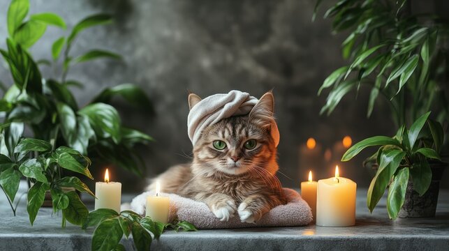 Cat relaxing in spa bath with candles and green plants. Cute cat in a turban on spa treatments. Beauty procedures, wellness, beauty, relaxation concept. Pet grooming, domestic pets treatment