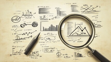 A magnifying glass highlights hand-drawn graphs and charts on vintage paper, representing data analysis and insights discovery.