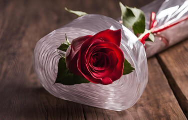 Fine Rose Beauty Cross Bright Photo Background, Flowers composition with gift box made of rose flowers on white background, A red rose in flower wrap which on a black table

