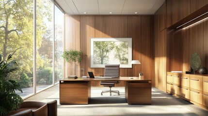 Modern office with wooden wall art, large windows, and a clean desk setup. Bright and open with an artistic framed poster adding a stylish touch.