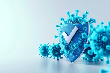 Protective shield with check mark symbol surrounded by blue viruses, symbolizing health protection, immunity or antivirus technology.
