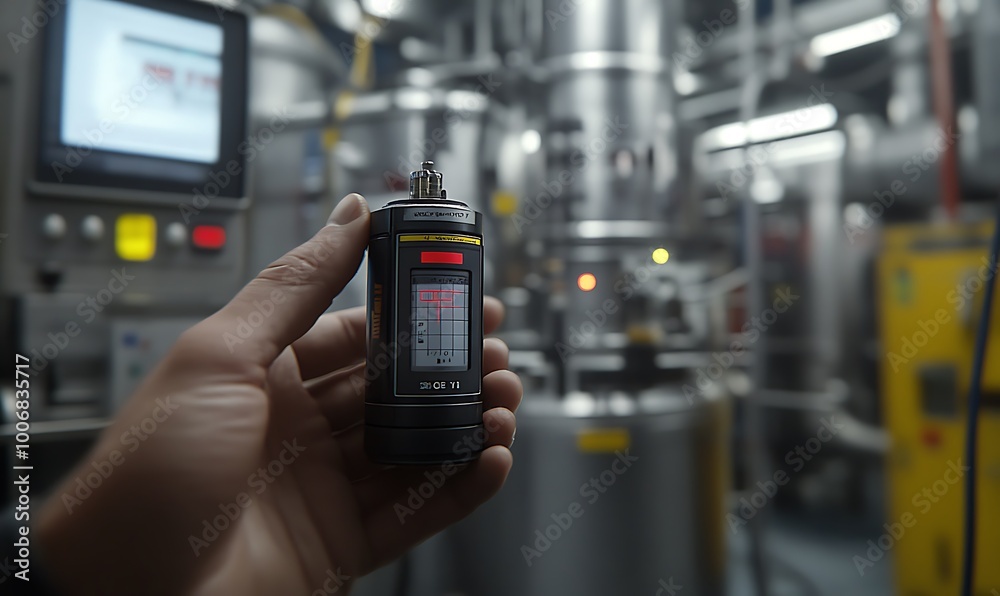 Poster engineer measuring quality of energy storage battery with sensor