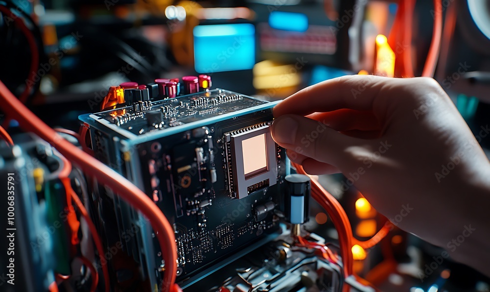 Poster engineer measuring quality of energy storage battery with sensor