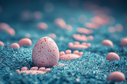 A pair of bunny footprints leading to an Easter egg, floating on a pastel background, - Powered by Adobe