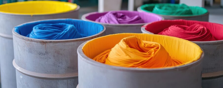A textile dyeing process with colorful fabrics being treated in large vats, textile dyeing process, fabric production