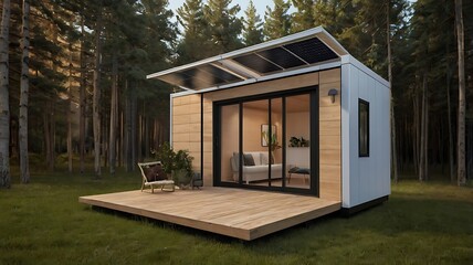 Fototapeta premium Compact, modular micro-homes designed for digital nomads, featuring foldable furniture, portable solar panels, and smart tech integration for work-from-anywhere lifestyles.