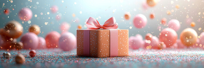 Fototapeta premium A gift box with a ribbon and birthday tag, isolated on a pastel backdrop,