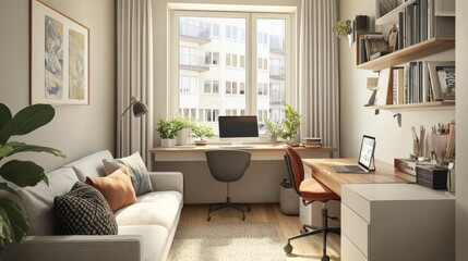 Chic Scandinavian Office: This multifunctional space combines a home office with a living area. A sleek desk, a comfortable reading nook, and Scandinavian design elements coexist harmoniously