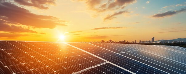 Sunset over a solar panel field with the sun casting vibrant hues across the sky, symbolizing renewable energy and sustainable power sources.
