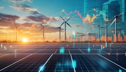 Wind turbines and solar panels against a digital backdrop highlight clean energy sources and sustainability efforts.