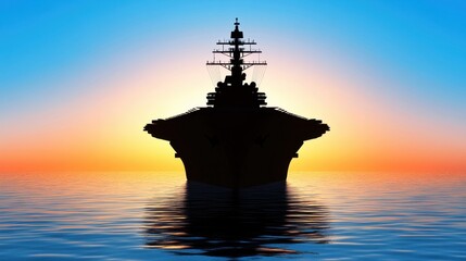 Fototapeta premium An imposing naval ship sailing through tranquil waters, its silhouette cutting against a clear blue sky, symbolizing security and strength.