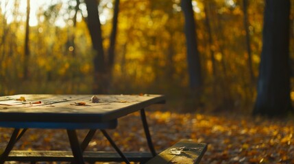 Naklejka premium An empty rustic picnic table surrounded by golden autumn trees, with scattered fallen leaves, creates a warm and inviting setting perfect for seasonal gatherings and promotions